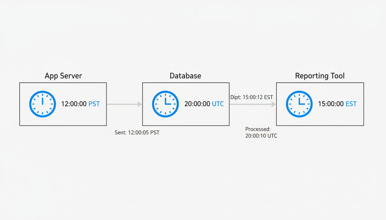 Diagram showing the same UTC timestamp interpreted as three different local times by three different systems