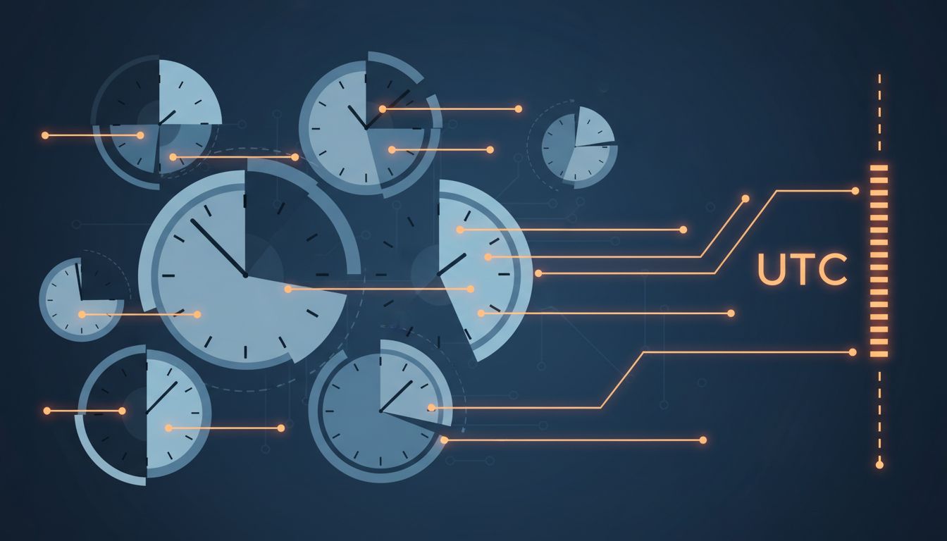 Overlapping clock faces converging on a single UTC baseline, illustrating time zone fragmentation