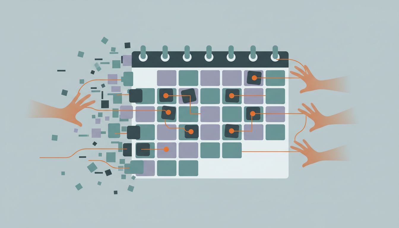 Abstract illustration of a calendar grid with time blocks being pulled away by external forces