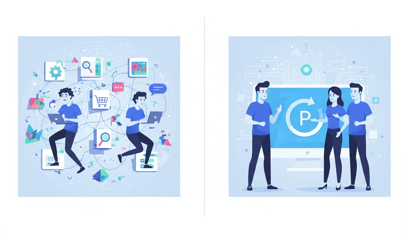 Illustration contrasting scattered customer-driven development with focused product strategy