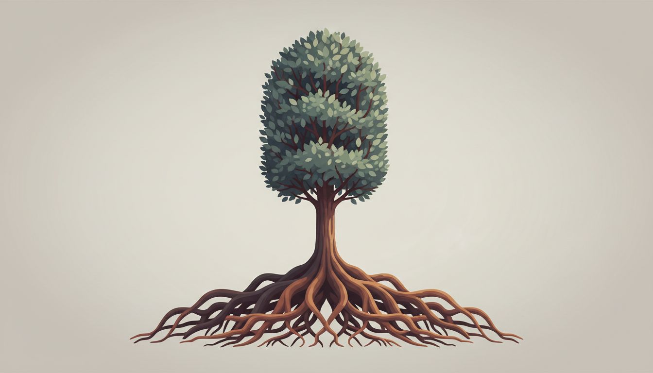 A tree with deep roots but constrained, narrow branches, illustrating how early foundations can limit future growth