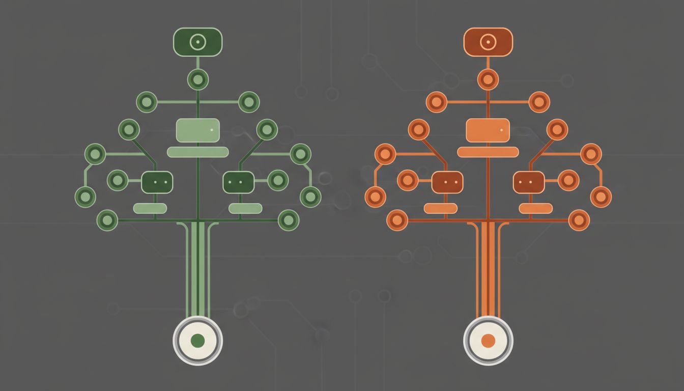 Two reasoning trees branching from the same origin and arriving at opposite conclusions with equal apparent confidence