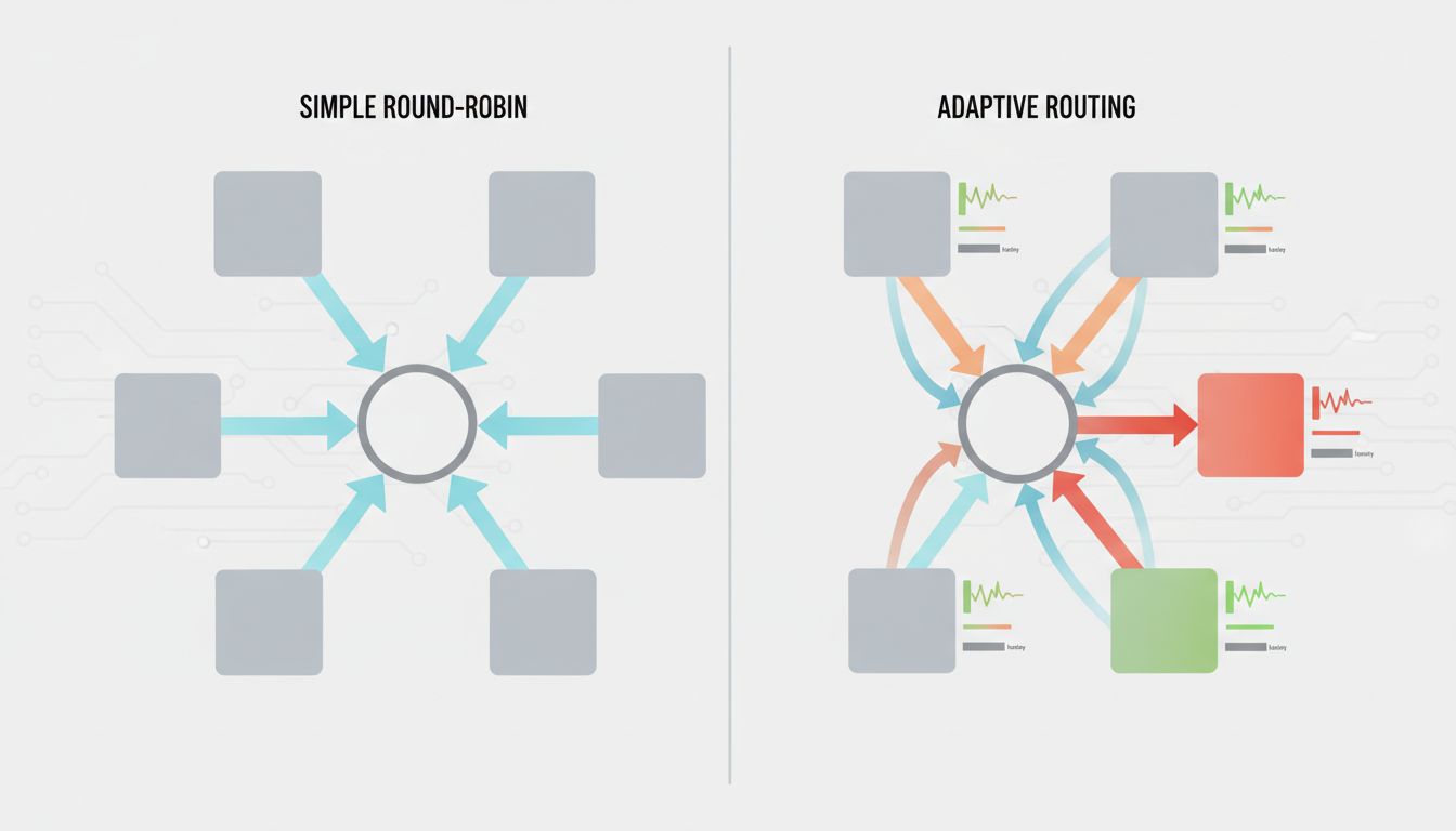 Side-by-side comparison of naive round-robin routing versus adaptive load-aware routing