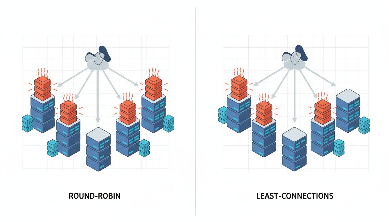 Side-by-side comparison of round-robin versus least-connections load balancing under variable request cost