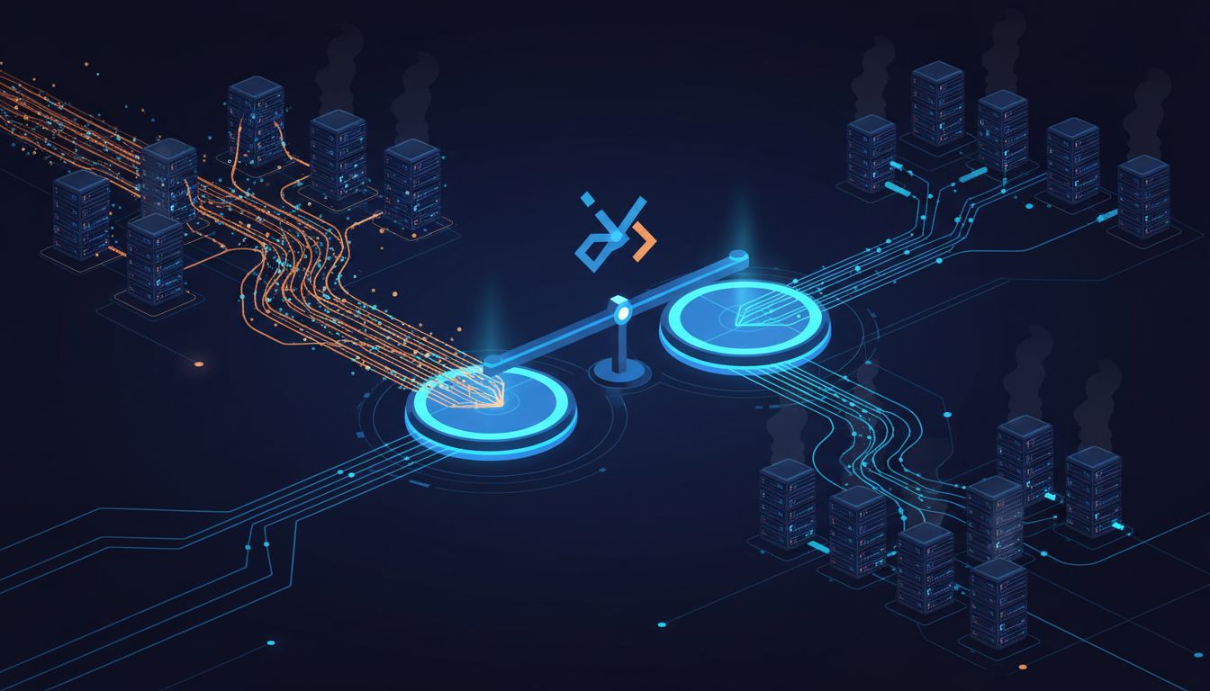 Abstract diagram of a load balancer routing traffic unevenly across a cluster of servers