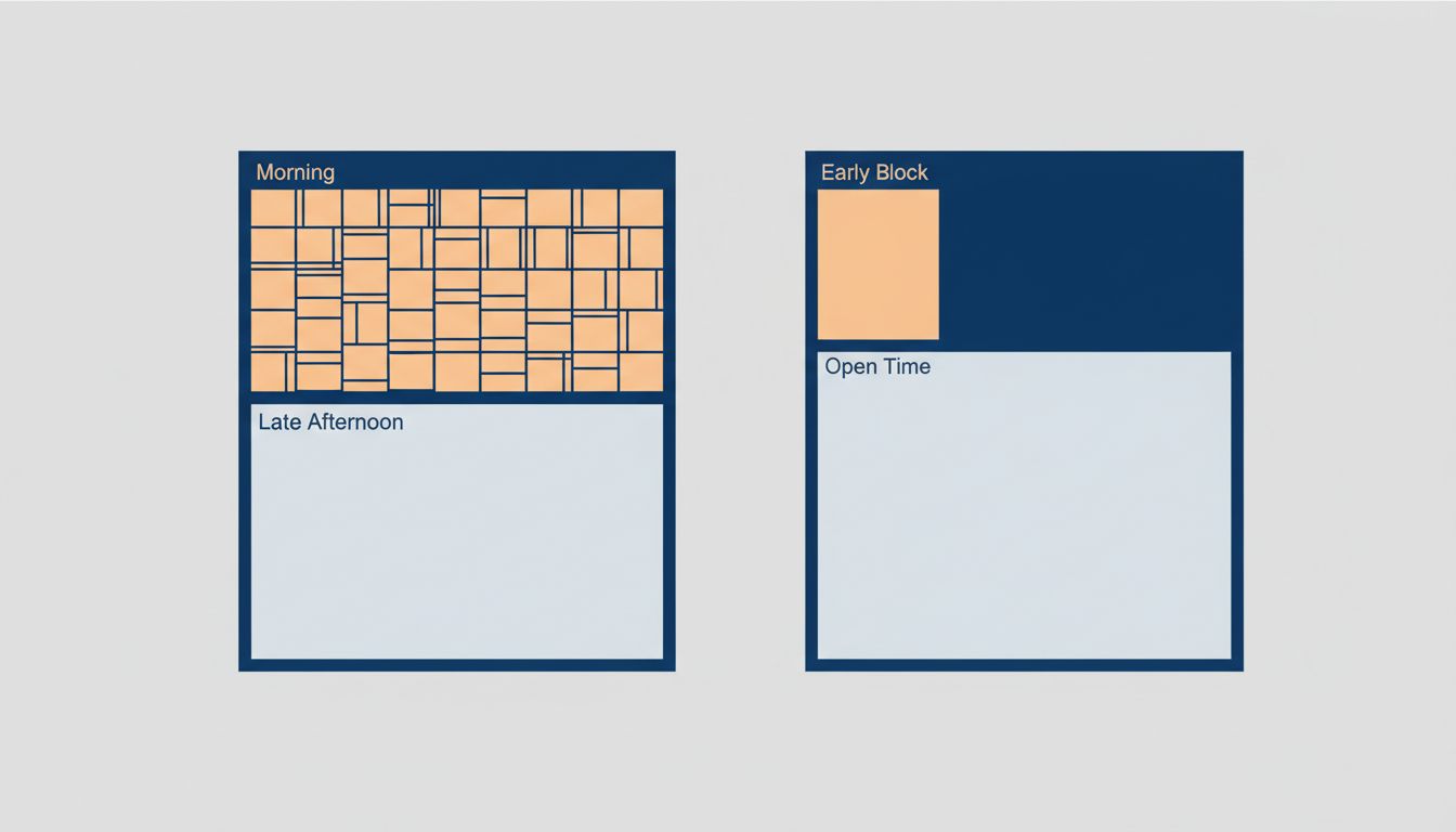 Diagram comparing a typical fragmented calendar with one that protects a focused morning block