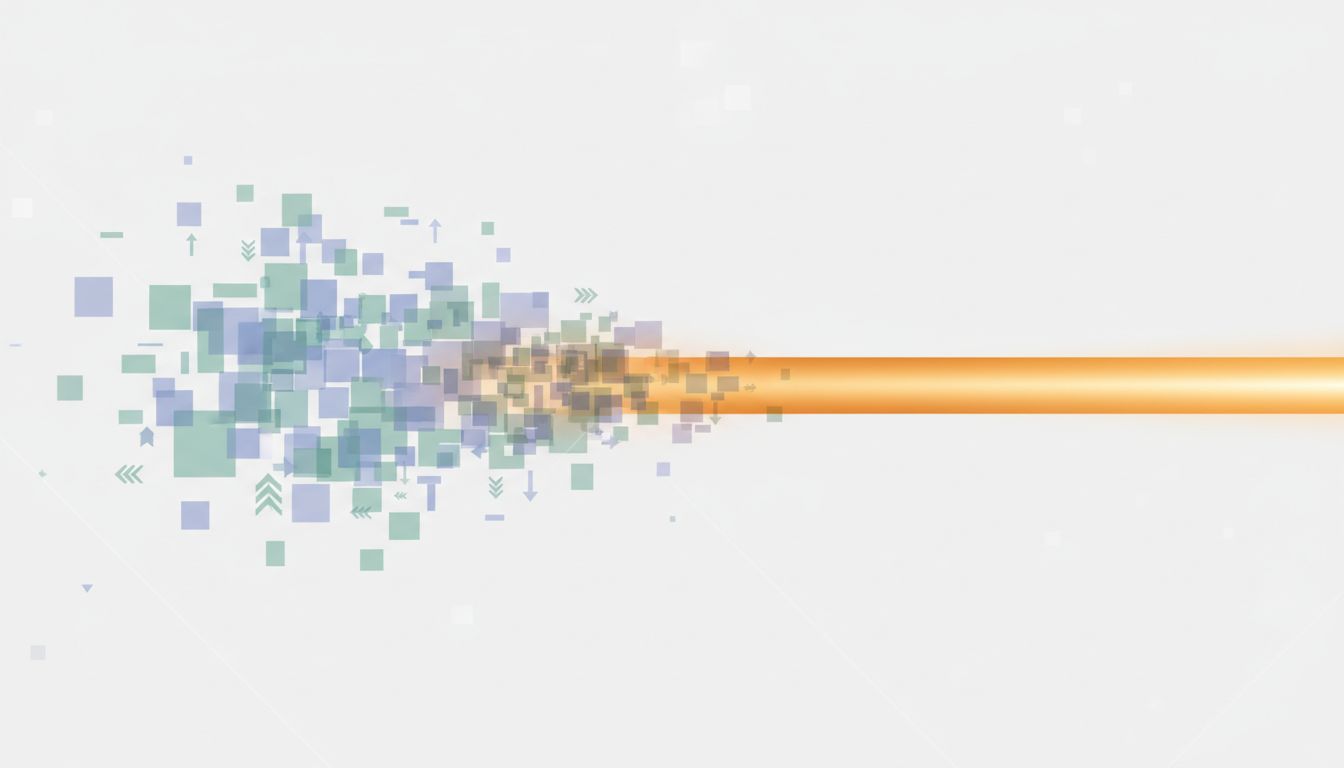 Abstract illustration showing fragmented attention across a workday narrowing to a single focused beam at the end