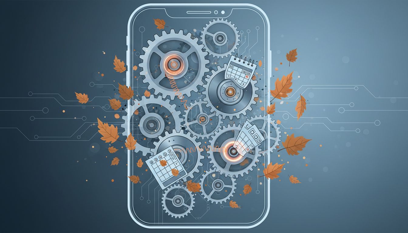 Cross-section illustration of a smartphone with straining mechanical gears suggesting slowdown tied to seasonal cycles
