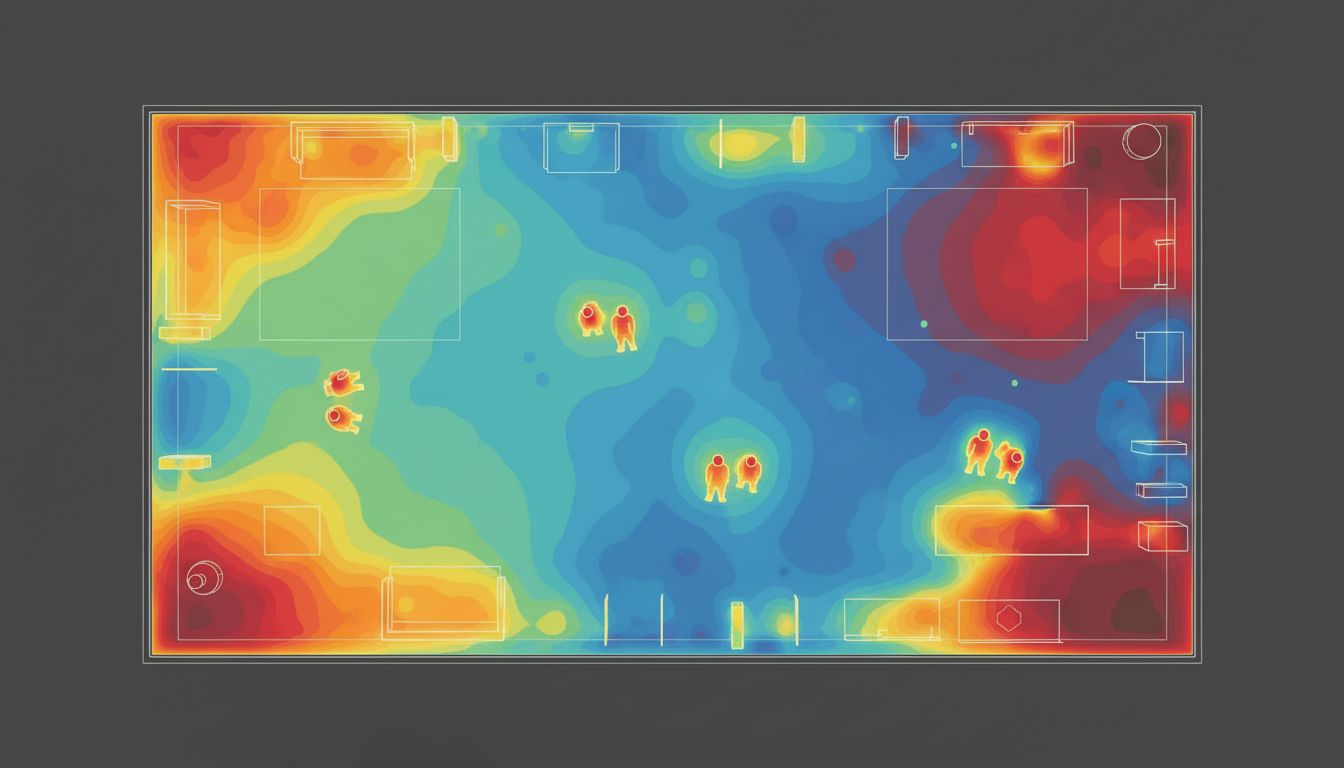 Heat map visualization of wireless signal degradation in a meeting room with multiple occupants