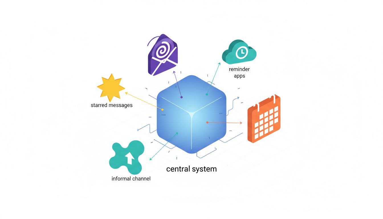 Diagram showing a central task system fragmenting into disconnected informal channels represented as floating, unconnected nodes