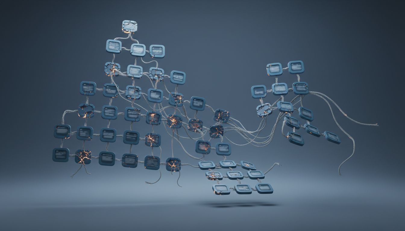 Abstract illustration of a productivity system diagram with fading nodes and fraying connections, representing entropy in an unmaintained organizational system