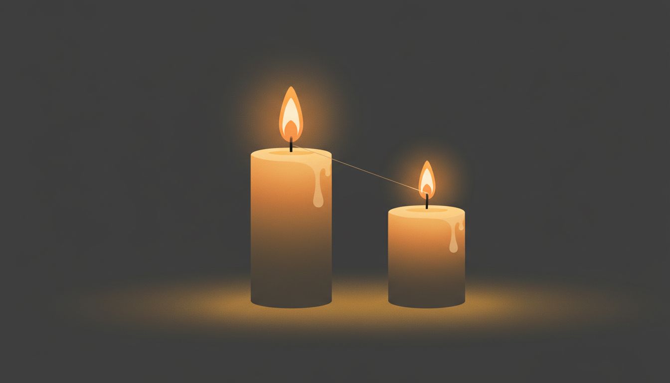 Two candles, one lighting the other, representing the transfer of proof from first customer to second
