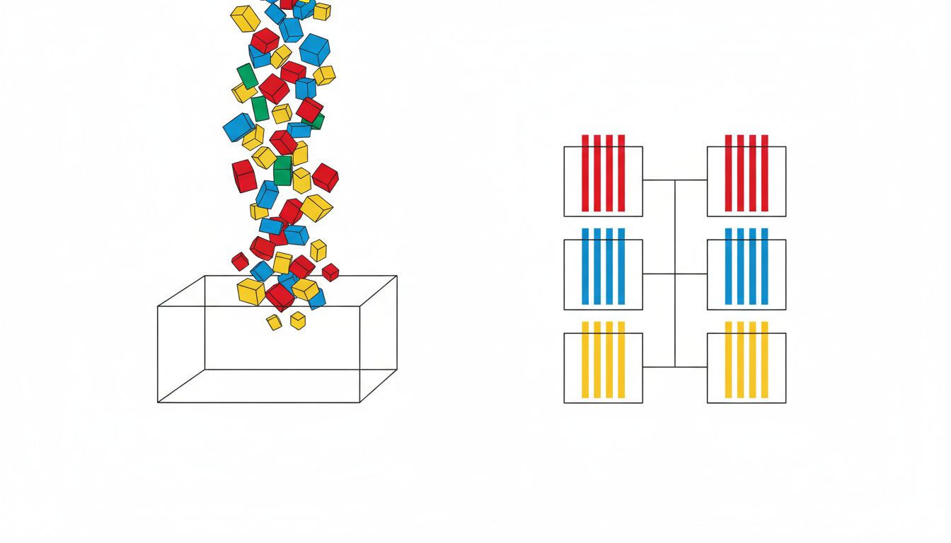 Side-by-side diagram comparing a single chaotic inbox versus three separated, organized inboxes
