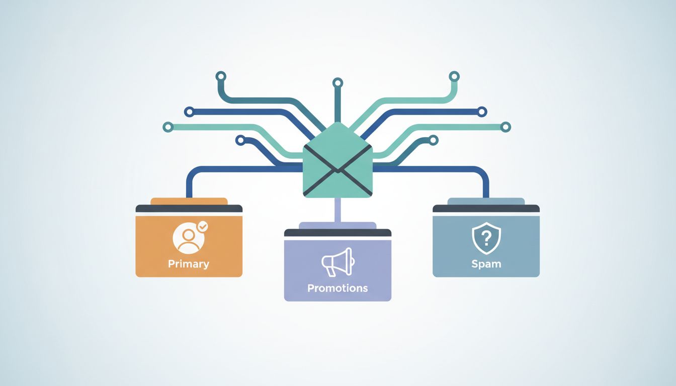 Abstract illustration of email streams being routed into separate labeled containers