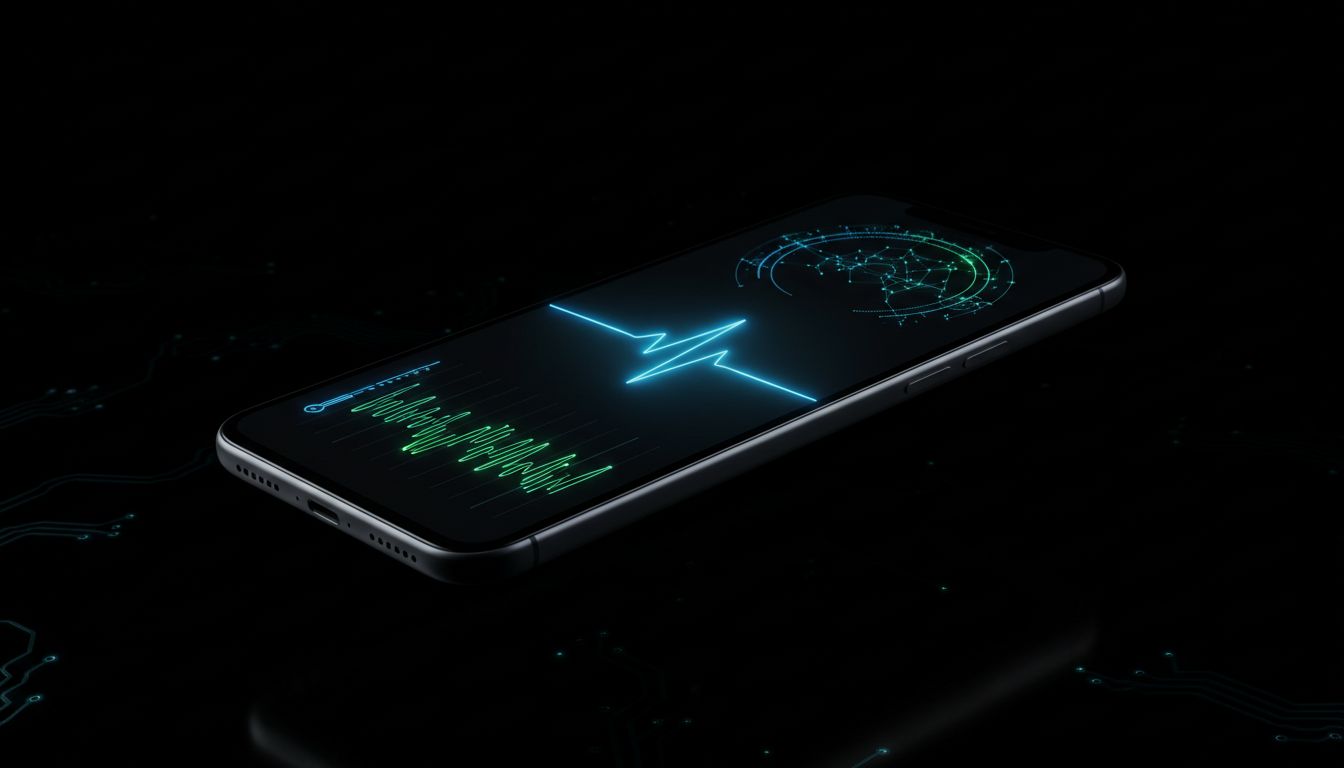 Smartphone displaying biometric health monitoring data with glowing sensor visualizations