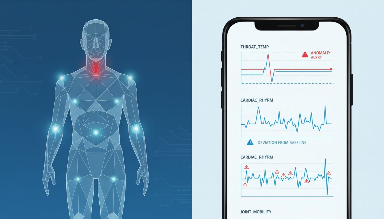 Split illustration comparing early illness indicators in the body with corresponding smartphone sensor anomaly data