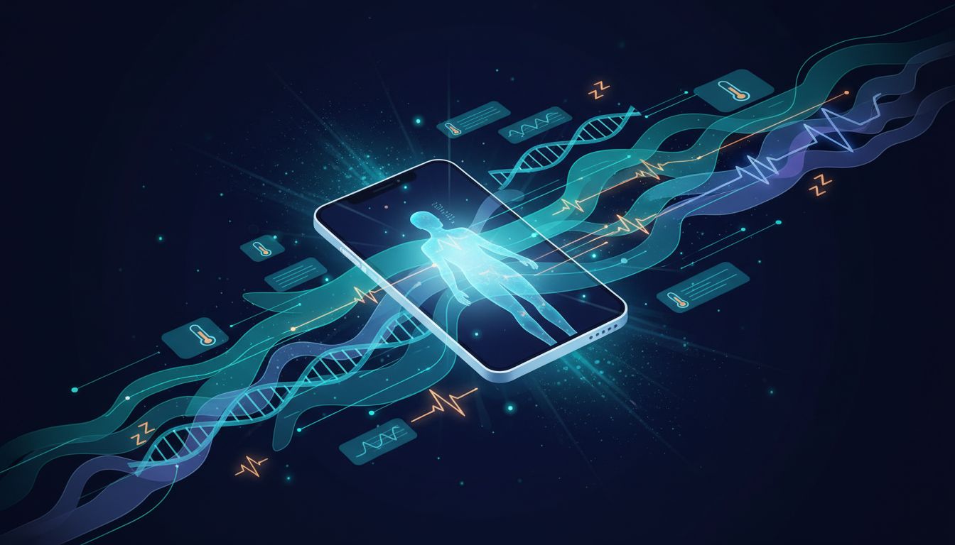Abstract representation of a smartphone surrounded by personal health data streams with a human silhouette embedded in the data