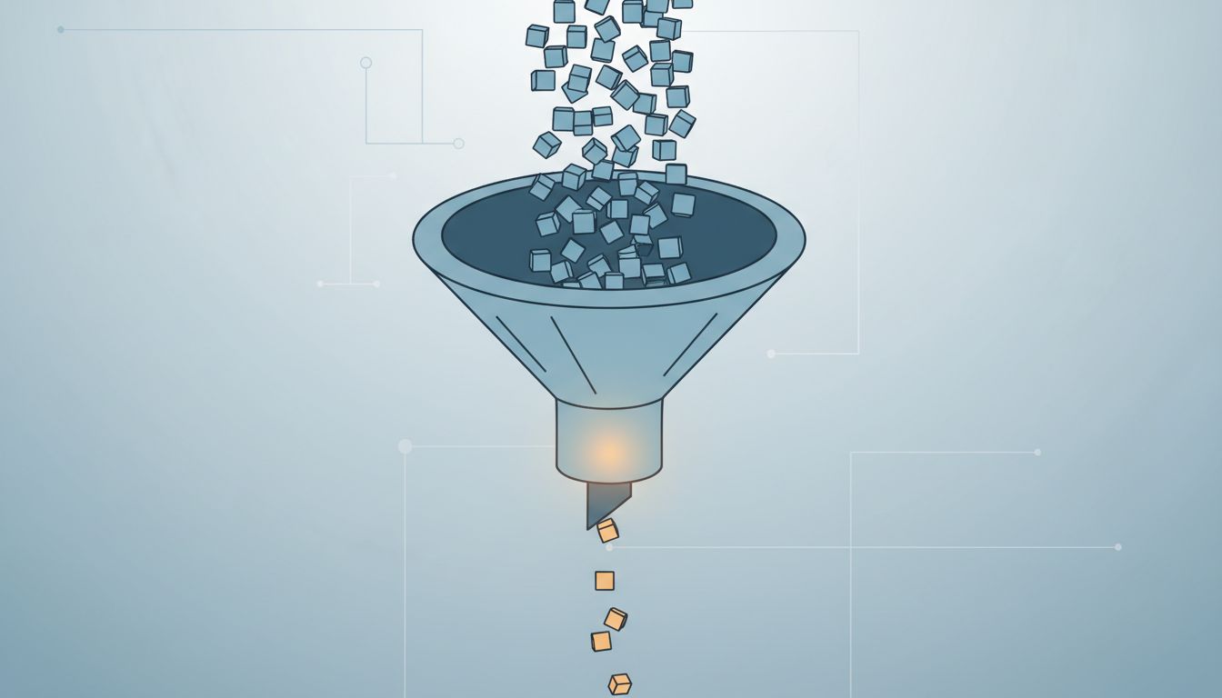 Abstract funnel illustration showing many tasks entering a system and very few exiting as completed