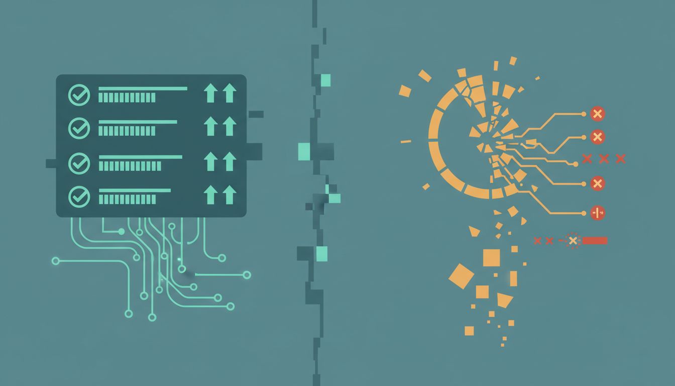 Split illustration contrasting a healthy server status dashboard with a degraded user experience