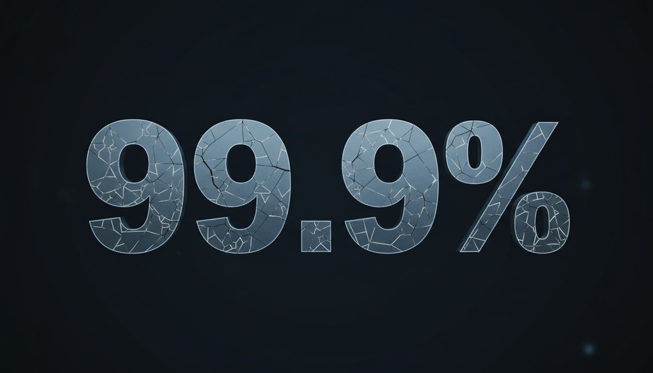 The number 99.9% constructed from hairline cracks, illustrating hidden fragility in uptime metrics