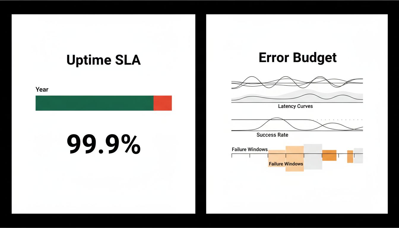 Side-by-side diagram comparing a simple uptime SLA visualization against a more granular error budget model showing latency and business-impact windows