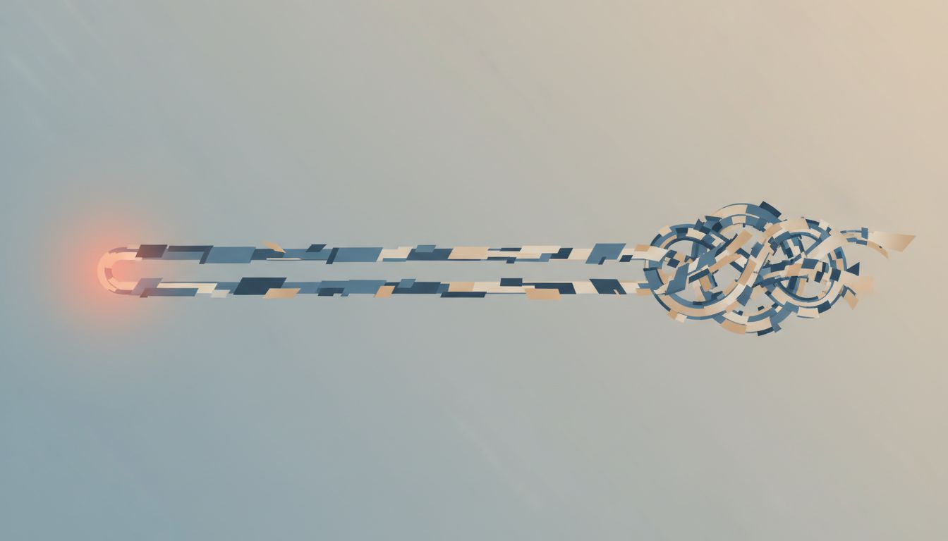 Two parallel threads diverging over time, representing async communication drift between teams