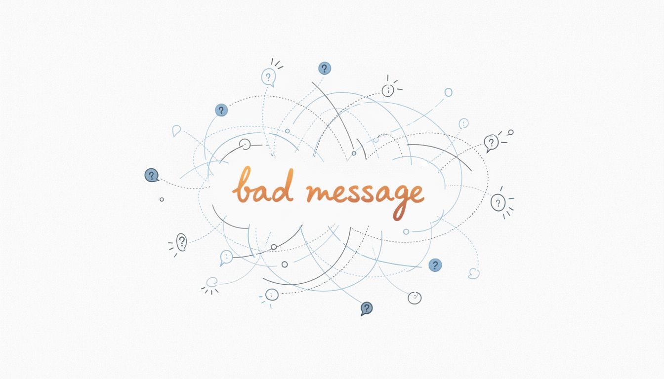 Diagram showing a single message branching into multiple confusing threads and question marks