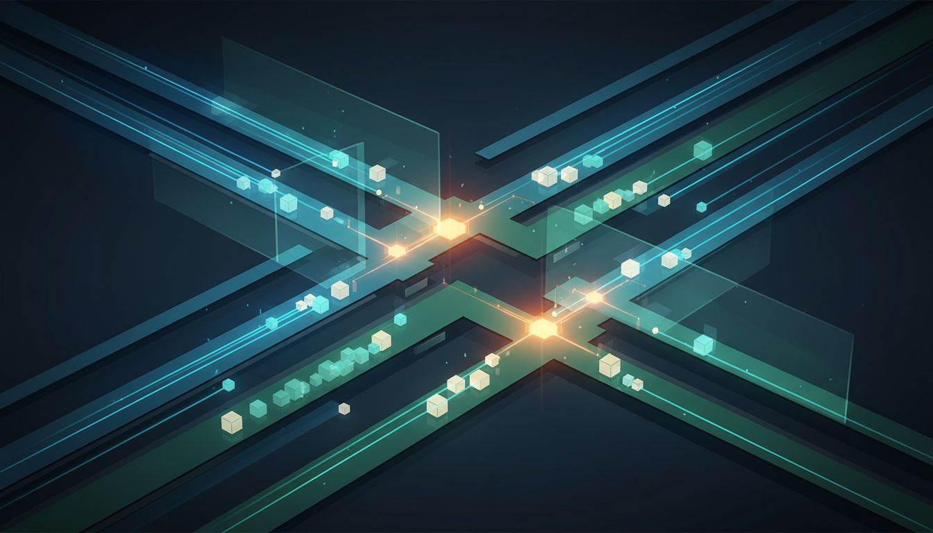 Abstract illustration of information flowing at different speeds through a branching network of communication paths
