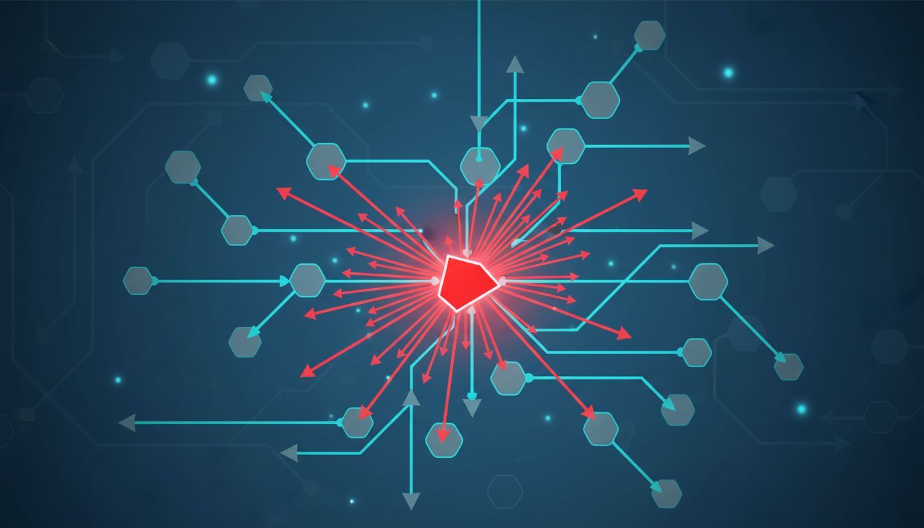 Abstract diagram of internet routing nodes with a rogue network redirecting traffic flows