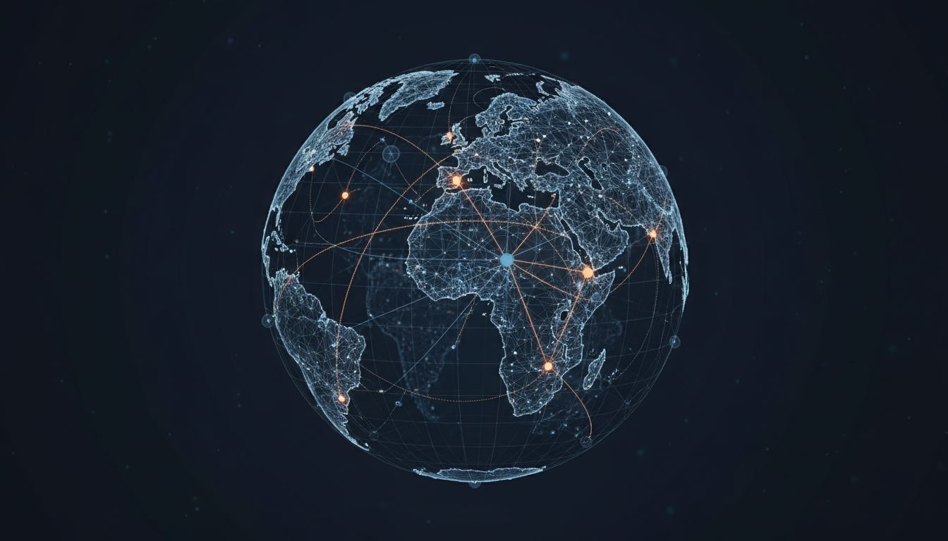 Abstract illustration of global internet routing paths as interconnected nodes, some routes highlighted in orange showing traffic flow