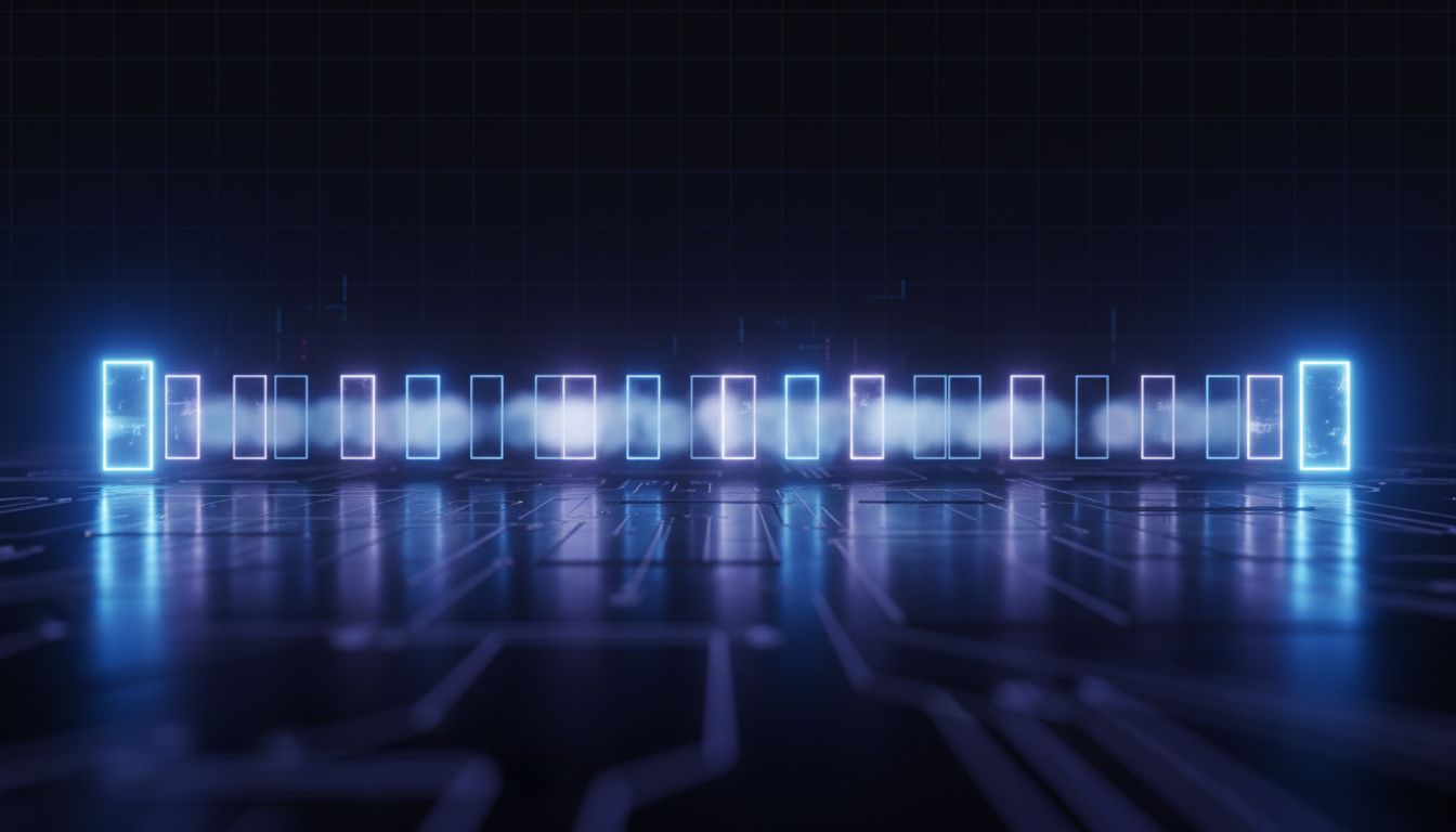 Abstract visualization of attention intensity across a long token sequence, bright at the edges and faded in the middle