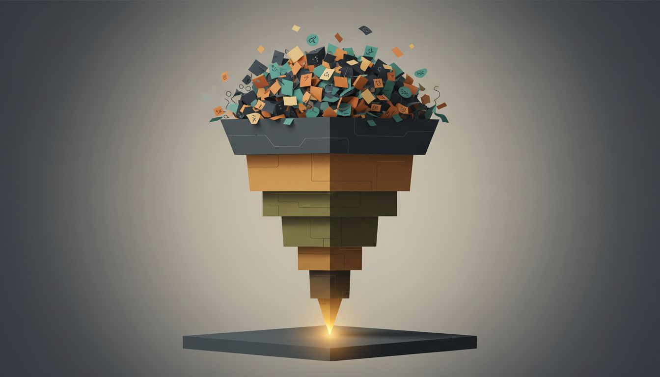 An inverted pyramid illustrating how many features funnel down to a single critical foundation to build first