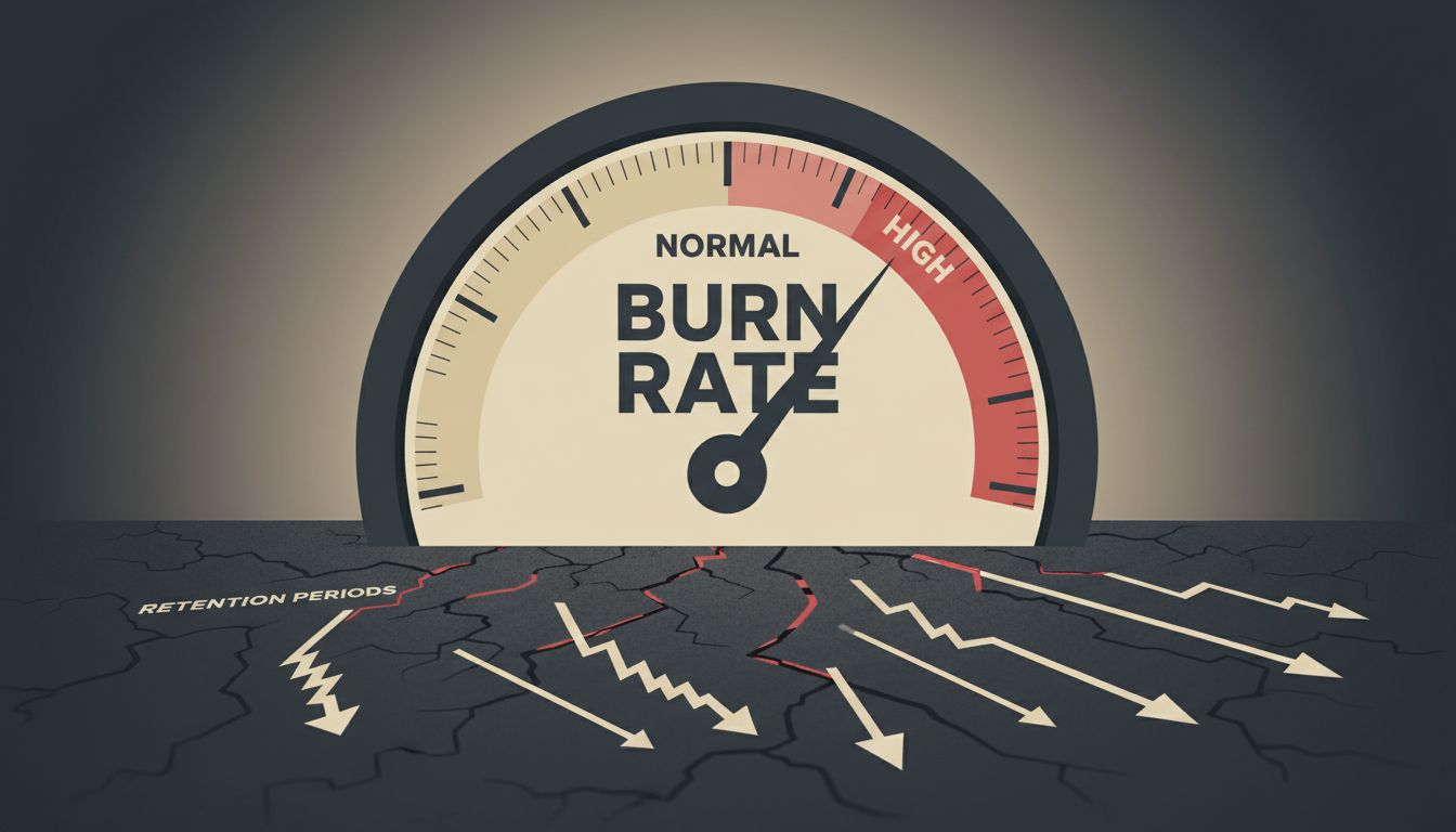 An illustration of a burn rate gauge showing a healthy reading while cracks spread beneath it, representing hidden business model problems
