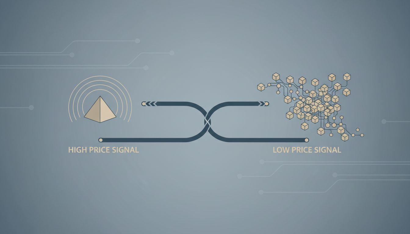 Illustration contrasting a high-price strategy reaching few customers versus a low-price strategy building dense customer interconnections