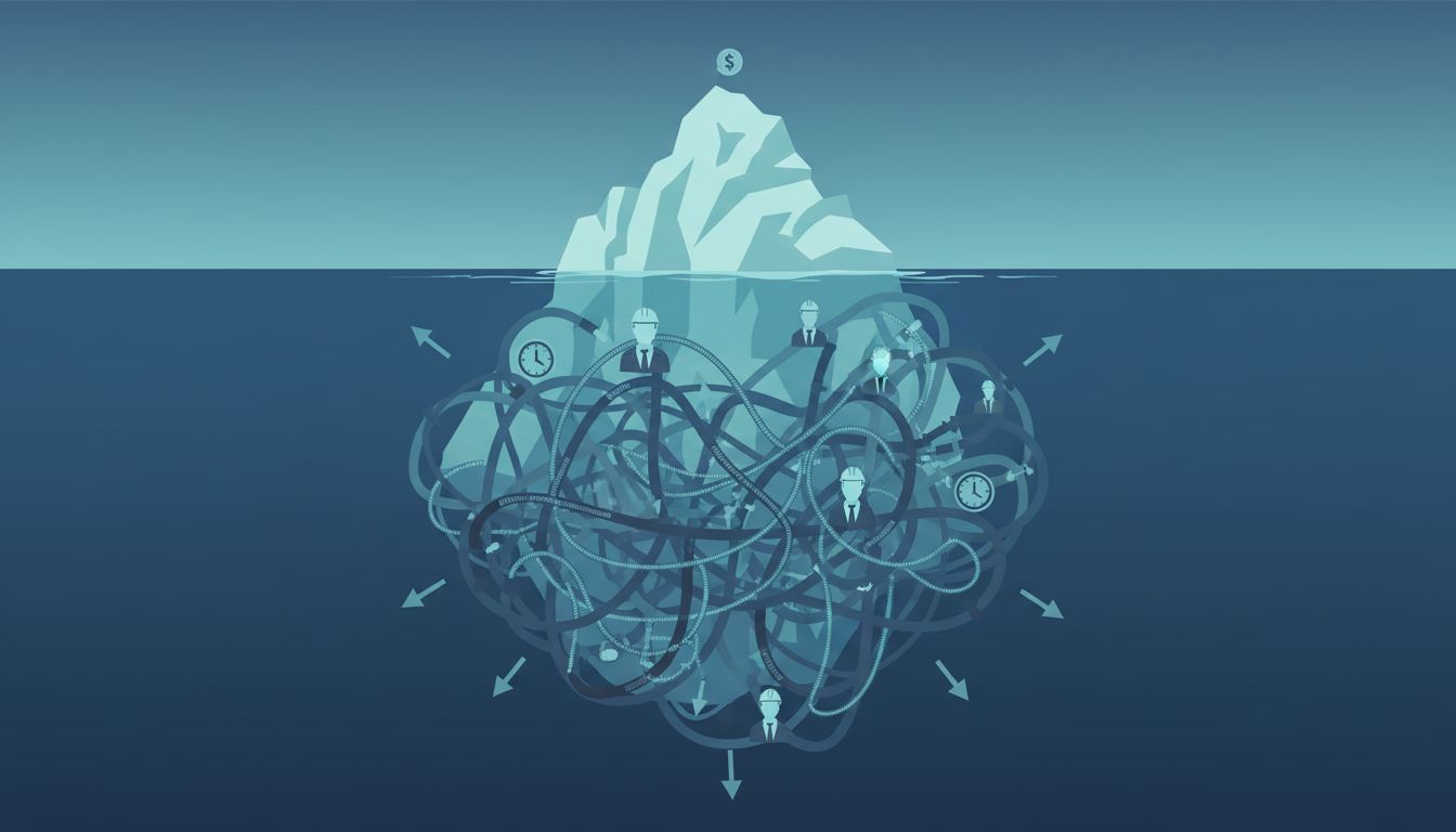 Iceberg diagram showing visible compute savings above water and hidden costs below