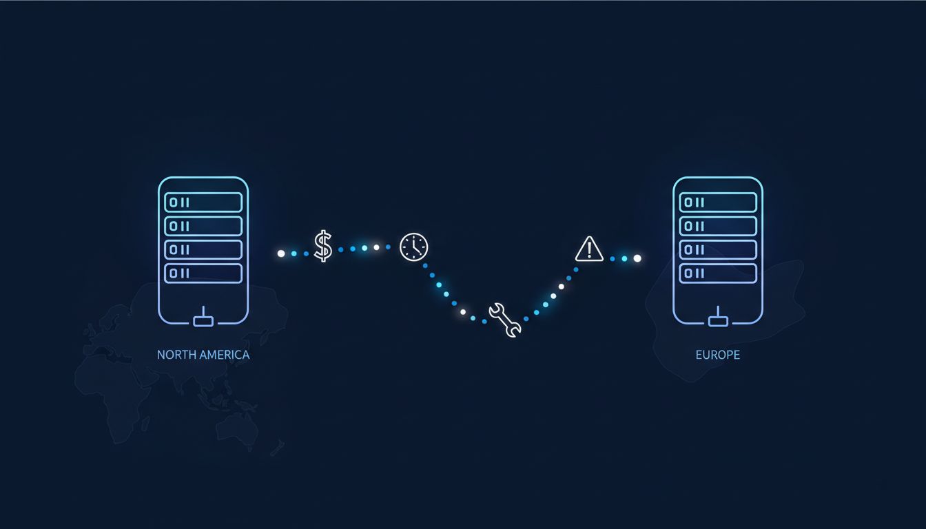 Diagram illustrating hidden costs of cross-region cloud architecture including latency and egress