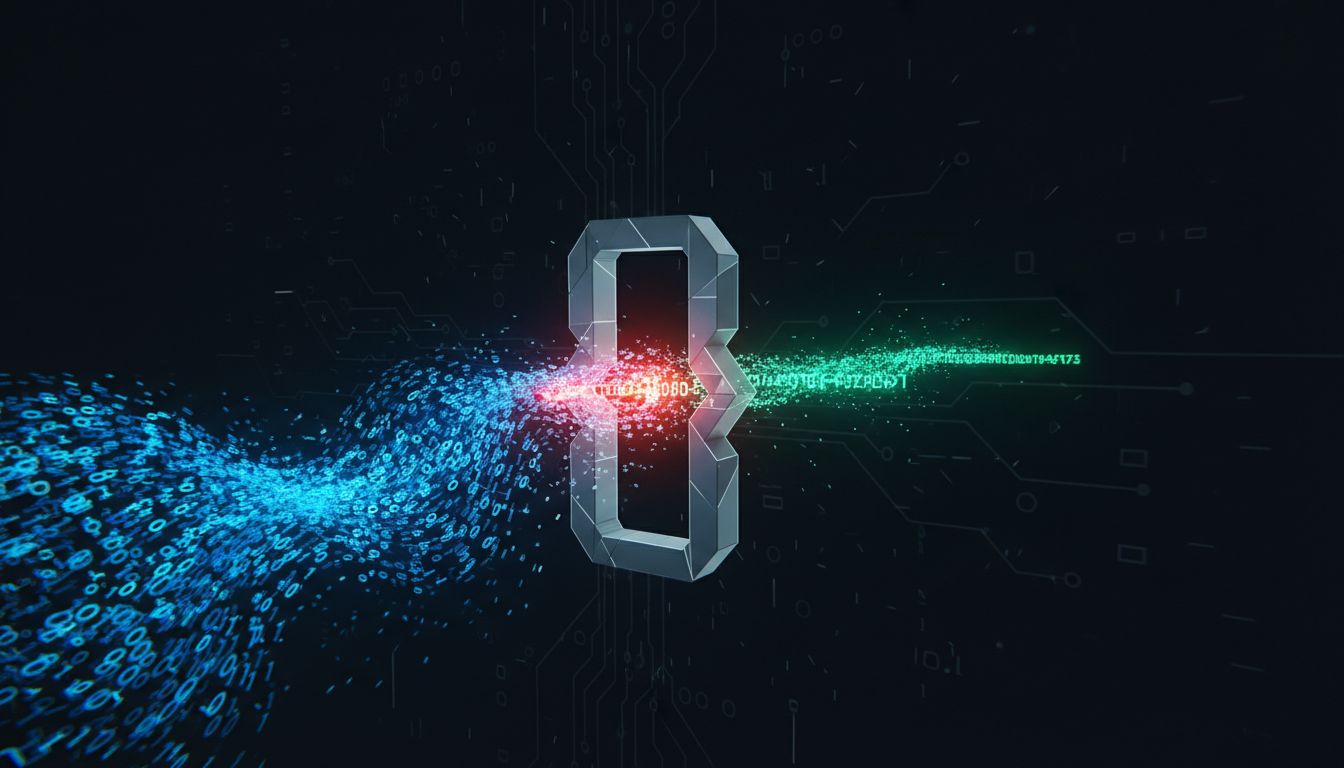 Abstract illustration of binary data passing through a verification gate, with a corrupted bit highlighted in red