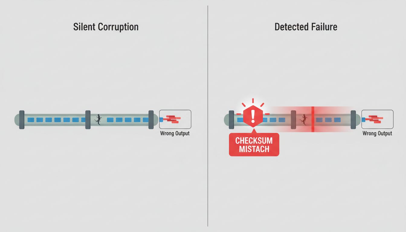 Diagram comparing silent data corruption passing undetected versus checksum verification catching corruption early