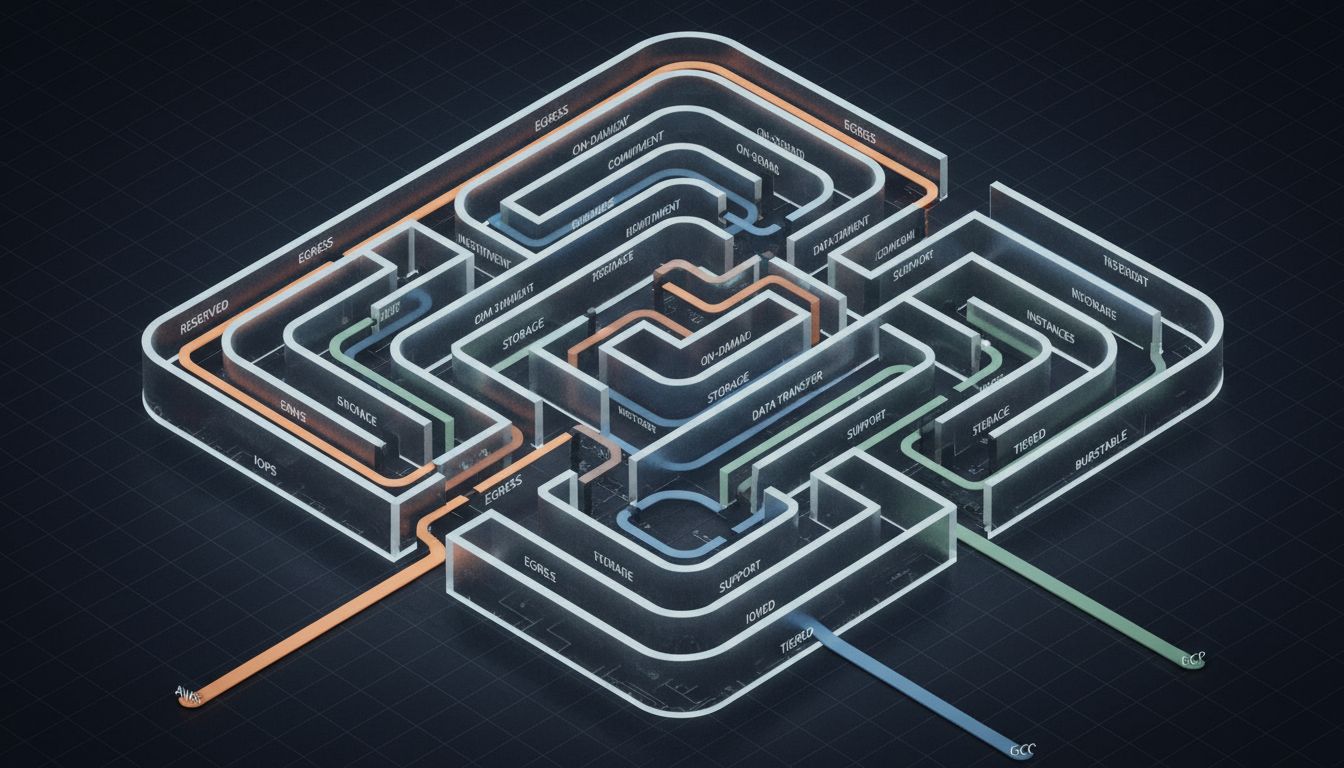 Isometric maze illustration representing the complexity of cloud pricing structures across major providers