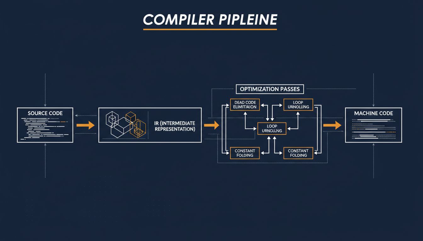 Blueprint-style diagram of a compiler optimization pipeline showing multiple transformation passes