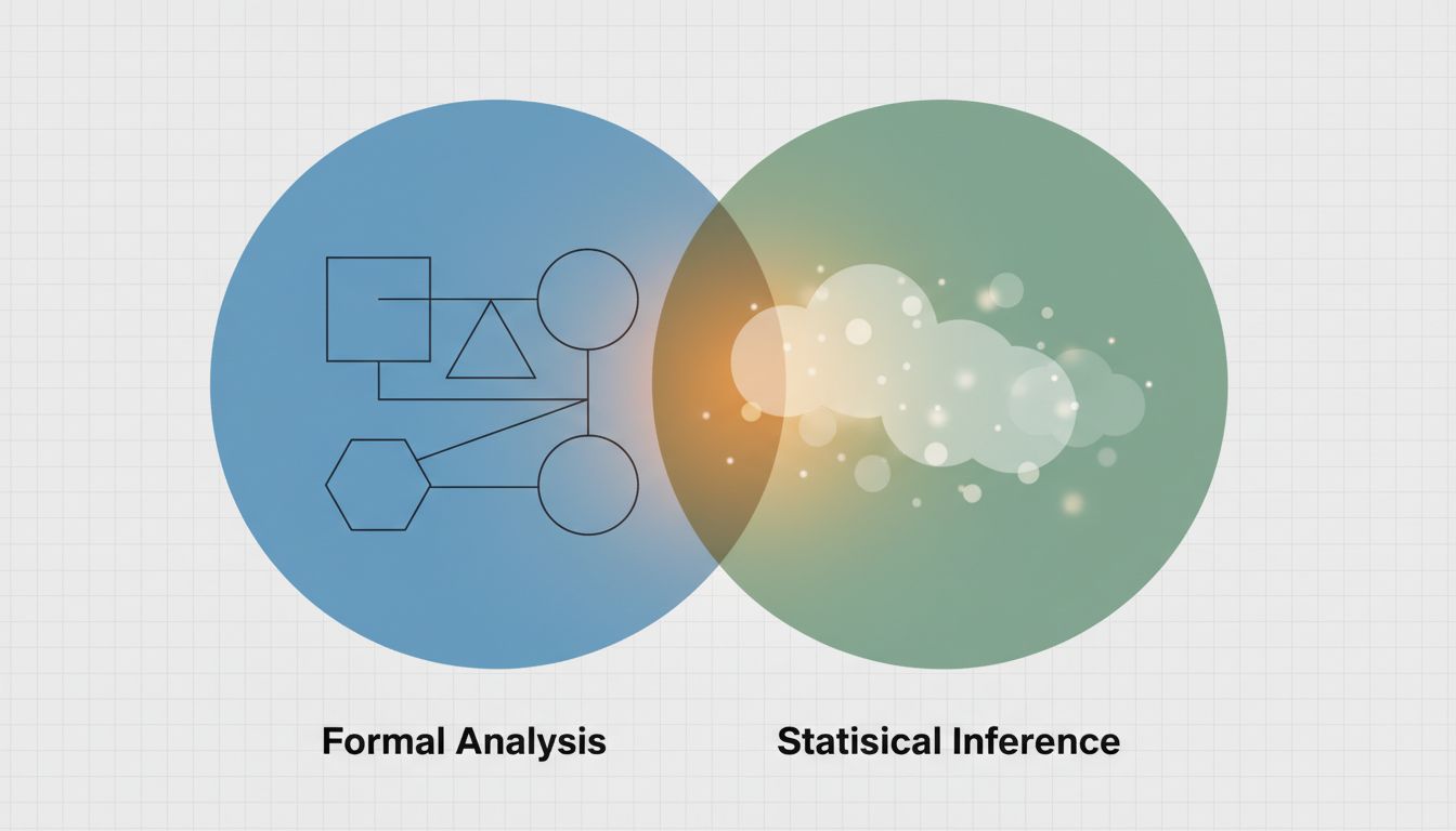 Diagram showing two overlapping domains: formal compiler analysis on the left and statistical AI inference on the right, with a highlighted intersection
