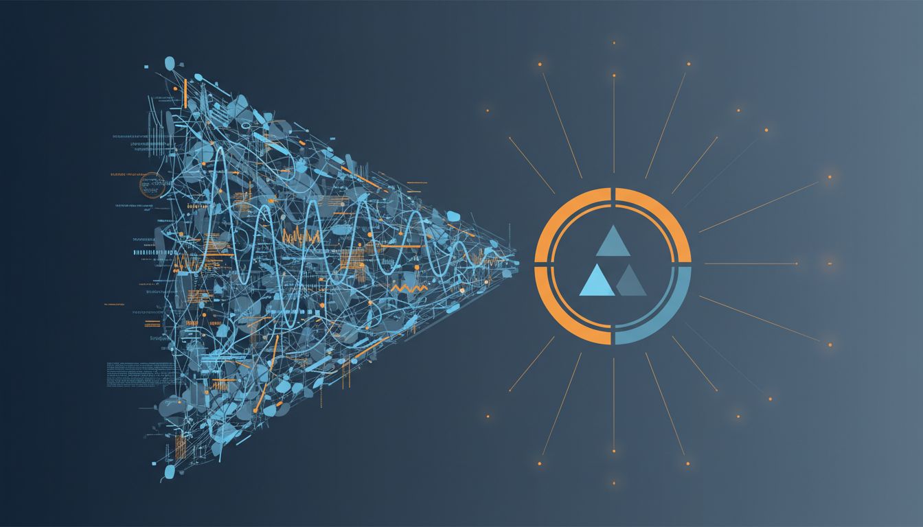 Abstract illustration of complex data being compressed into a minimal representation