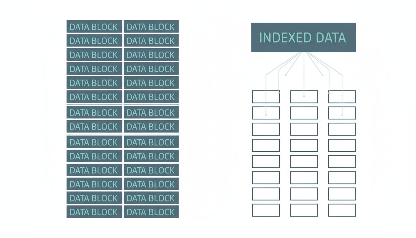 Diagram comparing redundant data storage versus indexed compressed storage