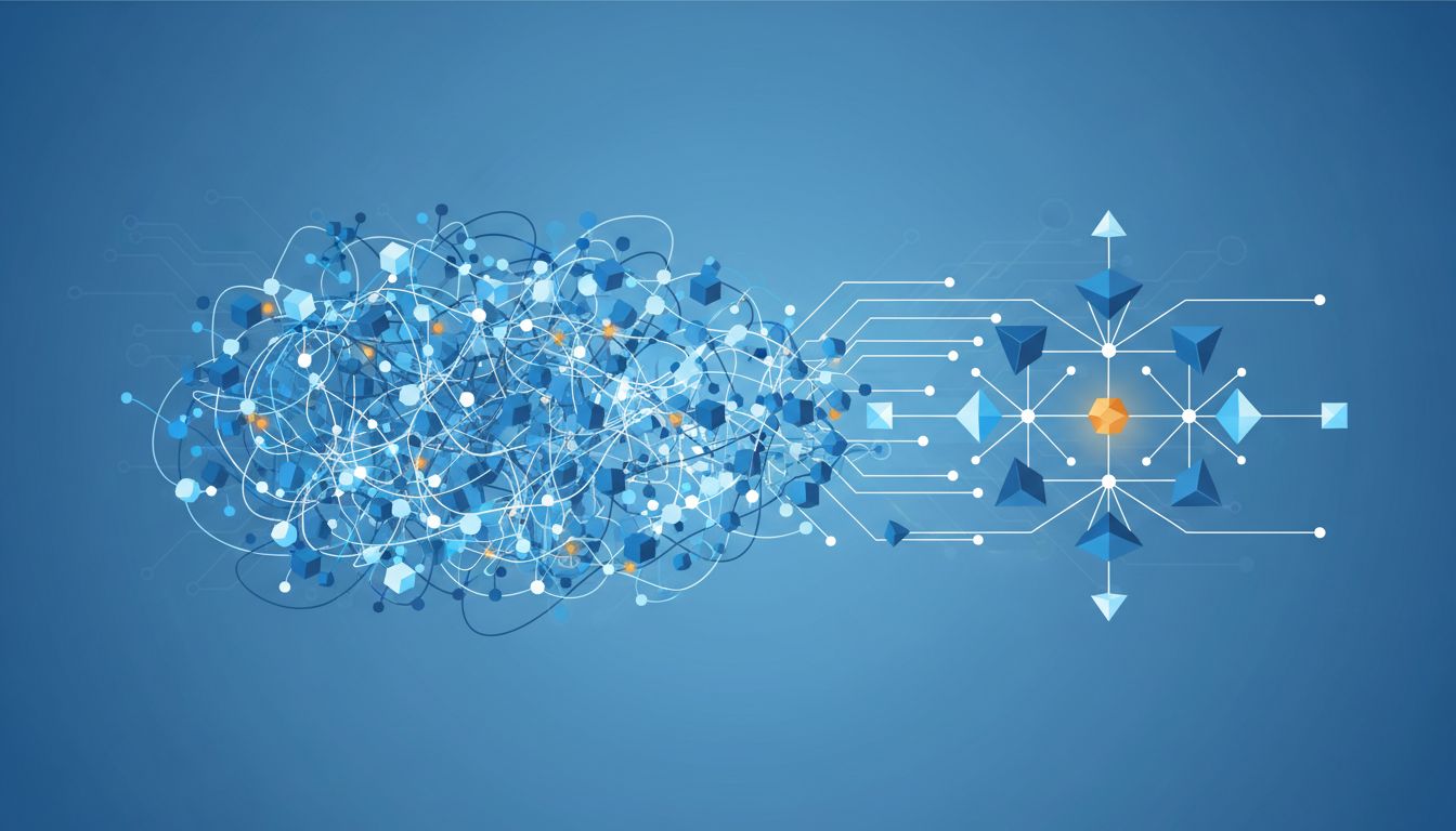 Abstract illustration of complex interconnected nodes compressing into a simple geometric shape