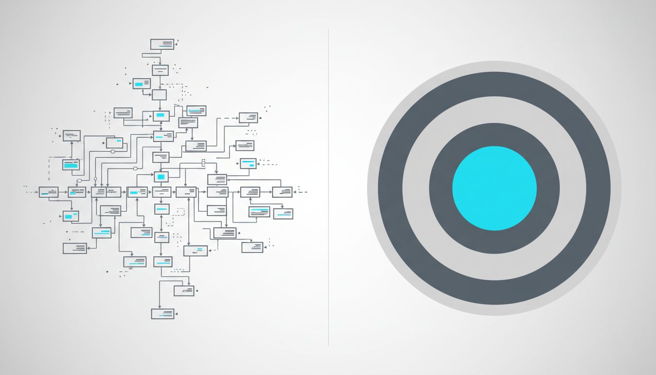 Diagram contrasting a complex flowchart with a simplified nested structure representing the same information