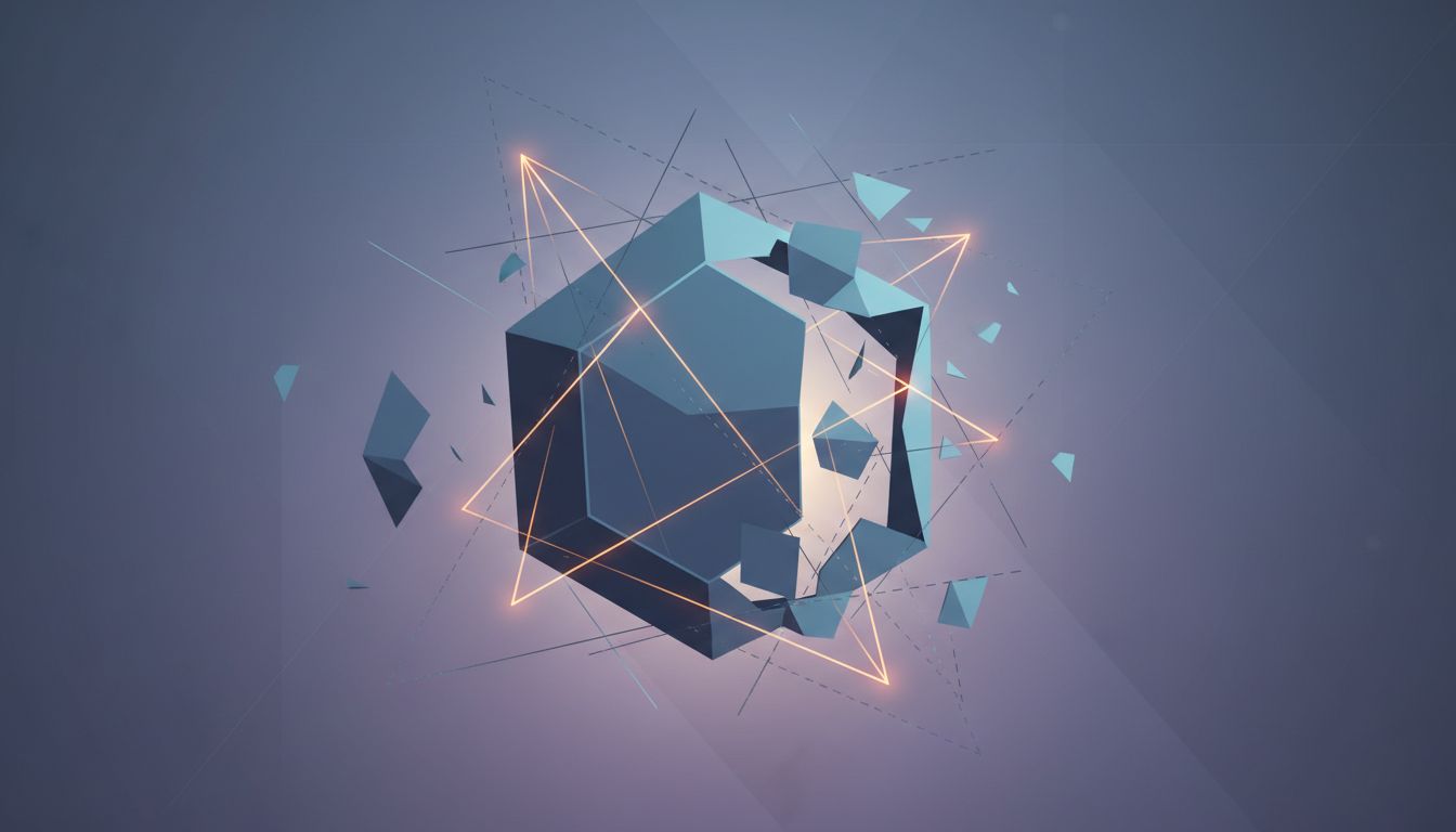 Abstract illustration of a geometric structure being interrupted and fragmented before completion
