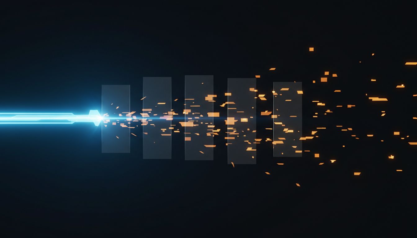 A focused beam of light scattering into weaker fragments, representing the cost of attention fragmentation