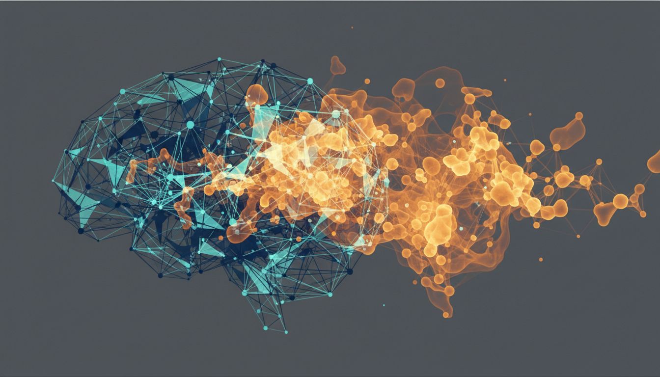 Abstract illustration of two overlapping cognitive network states, one focused and angular, one diffuse and associative