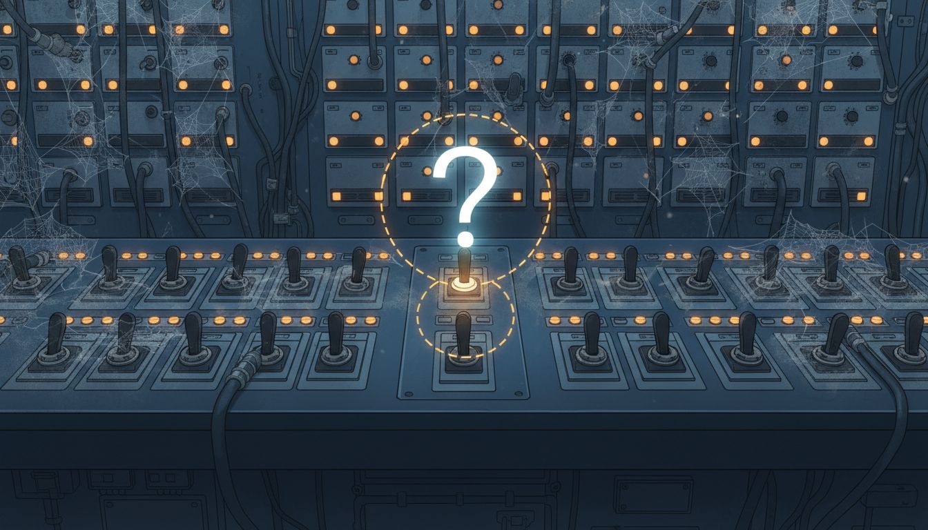 A control panel dense with barely-used switches, one highlighted as a candidate for removal