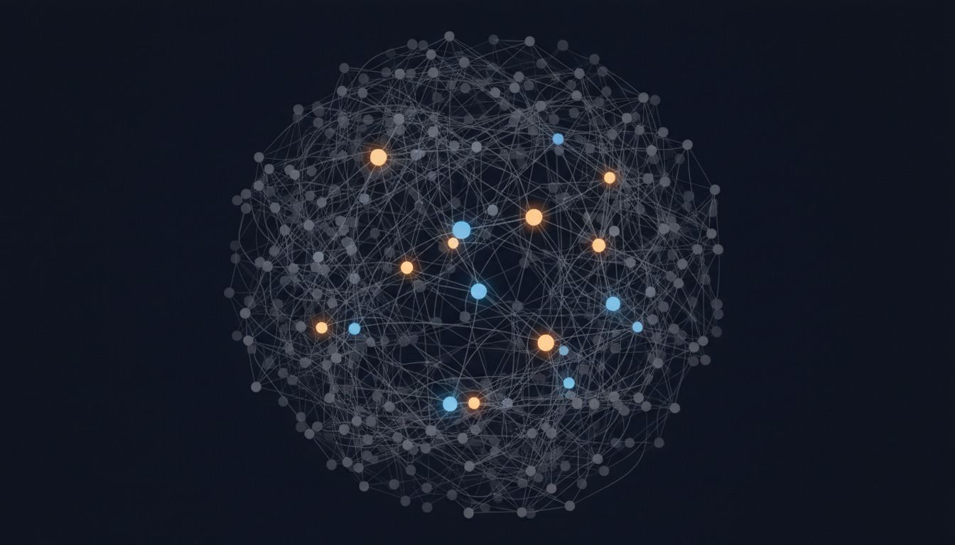 A dependency graph showing many faded, inactive nodes still entangled with a few active ones